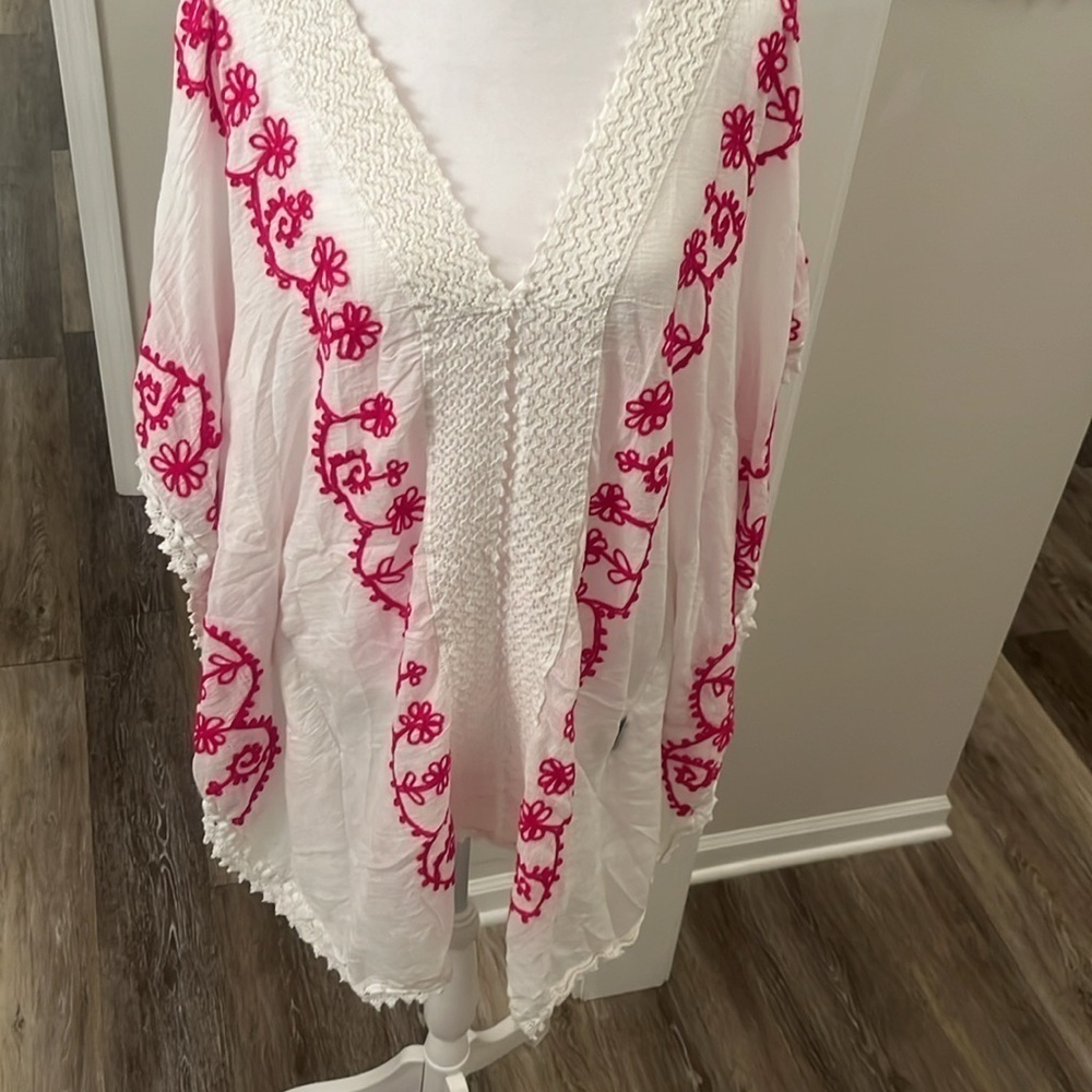 Beach by Exist Cotton Embroidered kaftan hot pink detailing swim Coverup size L
